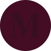 Dark burgundy circle with a black letter 'M' in the center