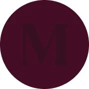 A dark maroon circular background with a large, subtle letter 'M' in the center.