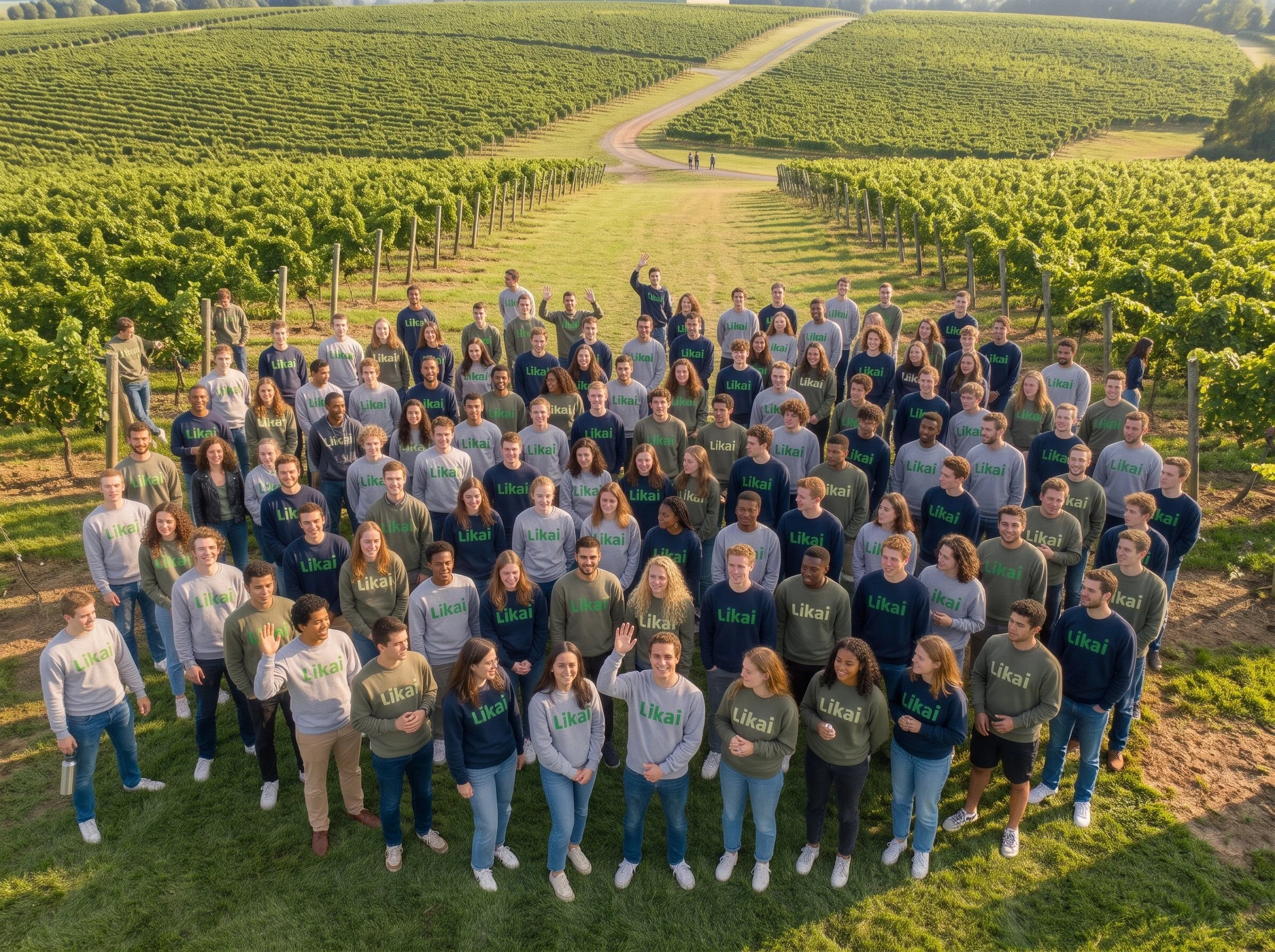 Un groupe de personnes posant en formation dans un vignoble avec des rangées de vignes, des utilisateurs de Likai et le staff en communion, en plein jour