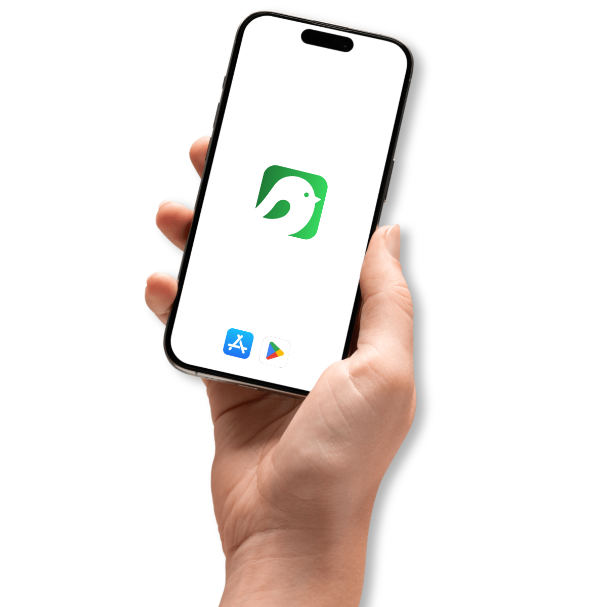 Une main tient un smartphone affichant l'icone de l'application Likai, représentant un oiseau stylisé, signalé disponible sur l'App Store et de Google Play.