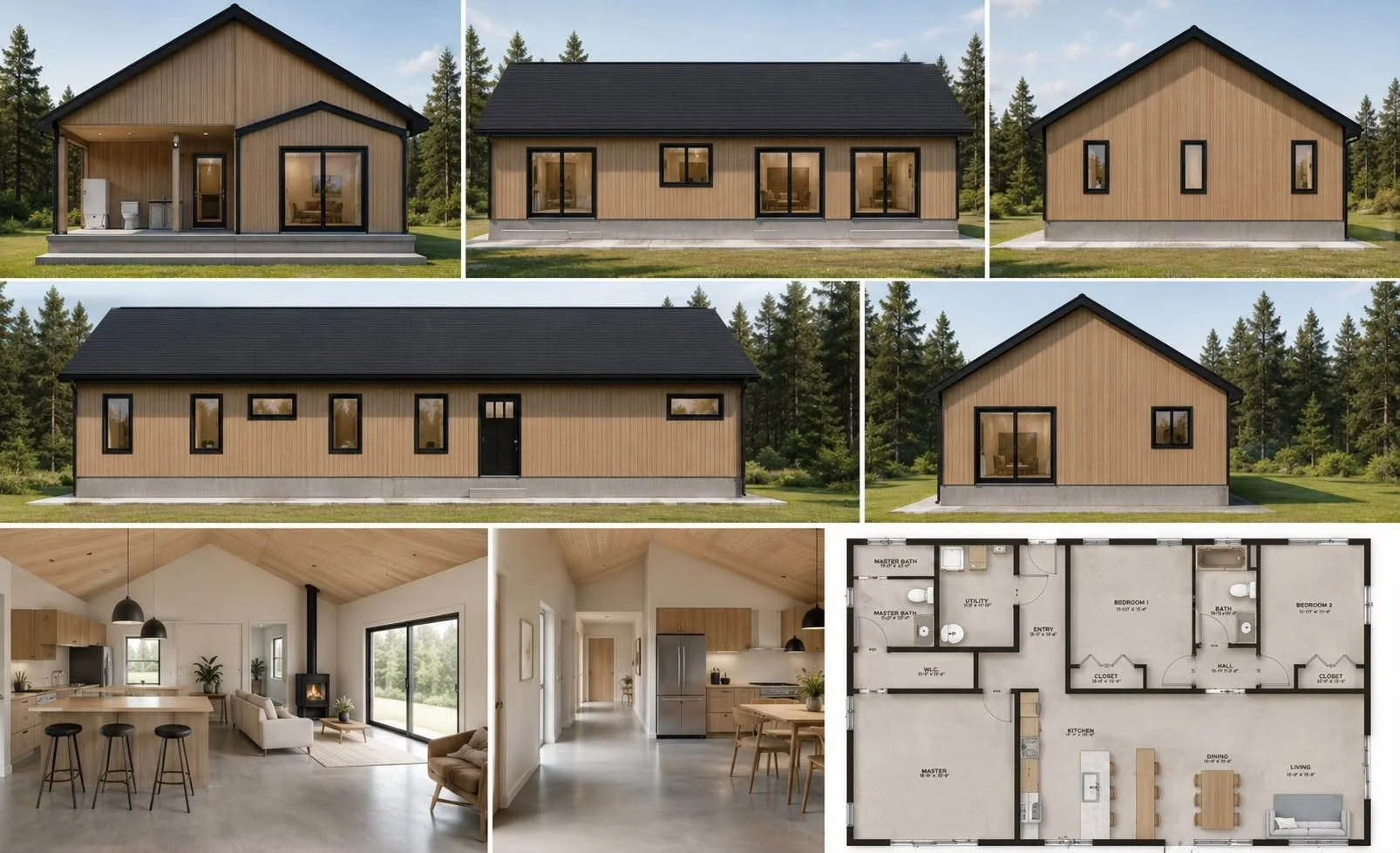Modern tiny house with wooden exterior, black framing, and large windows; interior includes an open-concept kitchen and living room, with a detailed floor plan.