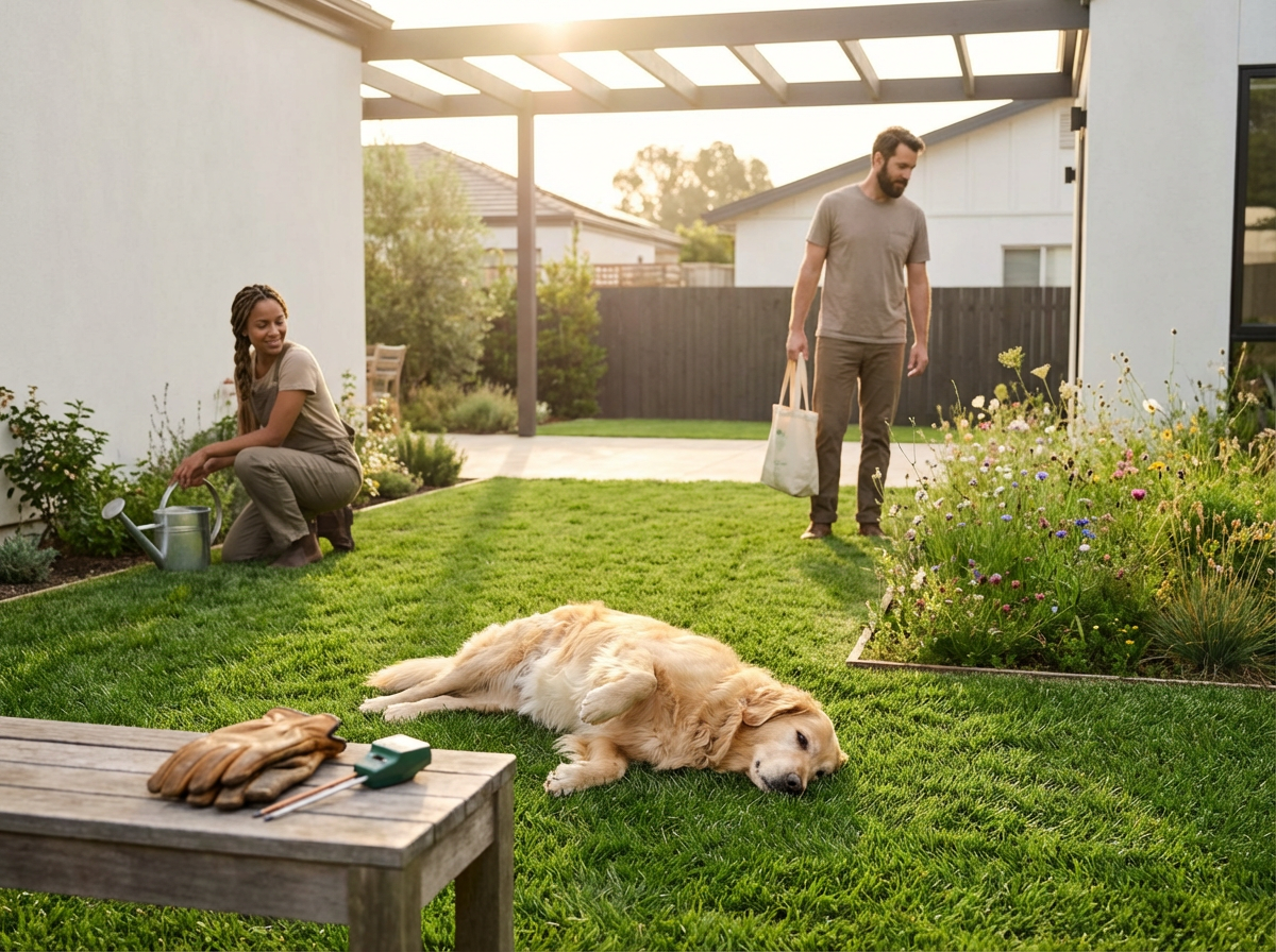 A backyard scene with a woman watering plants, a man walking with a tote bag, and a golden retriever dog lying on the grass. Gardening tools are on a wooden table in the foreground. The setting is in warm sunlight.