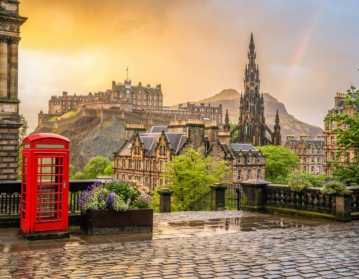A scenic view of Edinburgh with historic buildings, a castle on a hill, and a gothic church spire, with a rainbow in the cloudy sky, and a cobblestone balcony with a red phone booth and flower box.