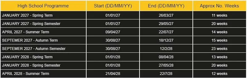Table of high school program schedules with start and end dates, duration in weeks, for 2027 and 2028, including spring, summer, autumn terms, and semesters.
