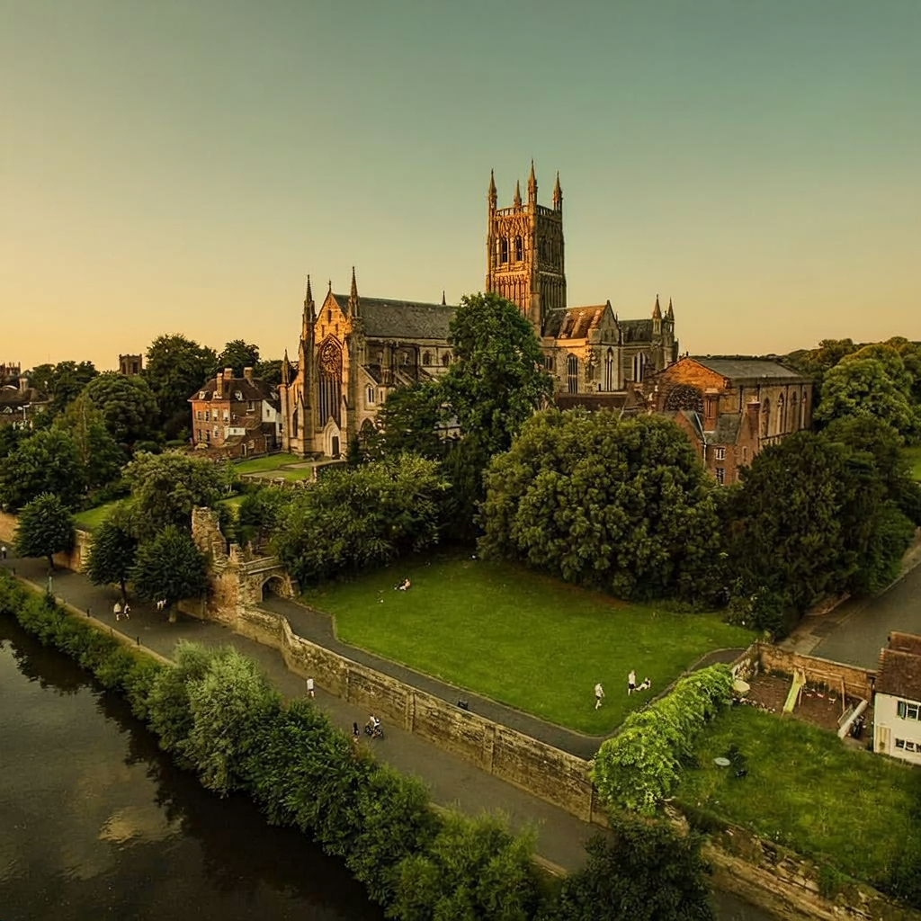 A large historic cathedral surrounded by trees, with a park and river in the foreground, during sunset.