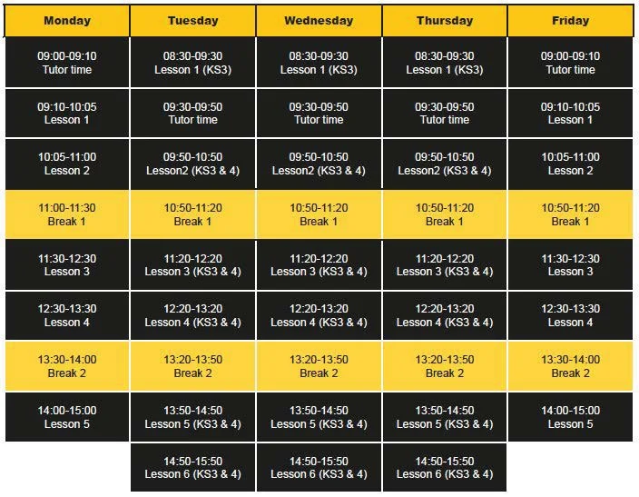Weekly schedule chart with days of the week from Monday to Friday. Each day has time slots for lessons and breaks, with yellow highlighting for break periods. Times range from 9:00 AM to 3:00 PM.