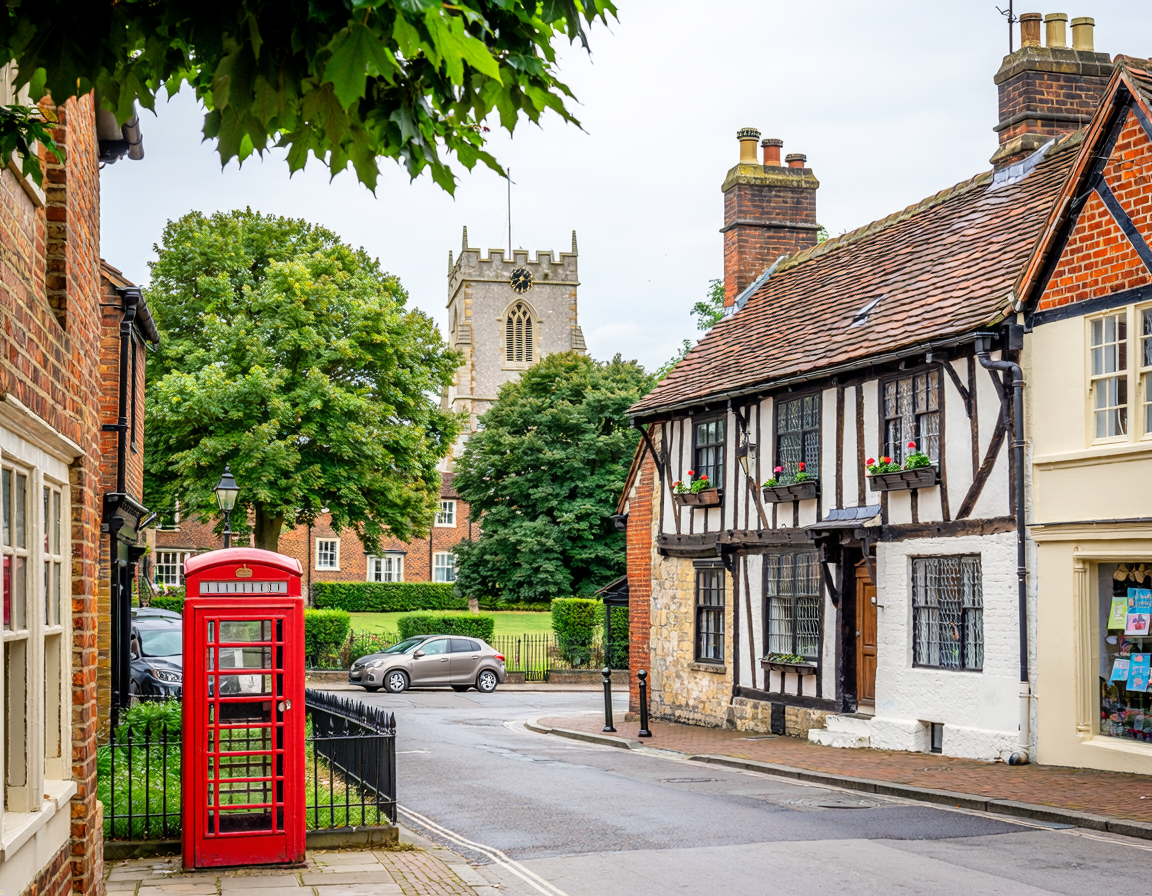 A street scene in a small town with a red British phone booth, a parked silver car, a historic church in the background, and classic cottages with brick and half-timbered facades.