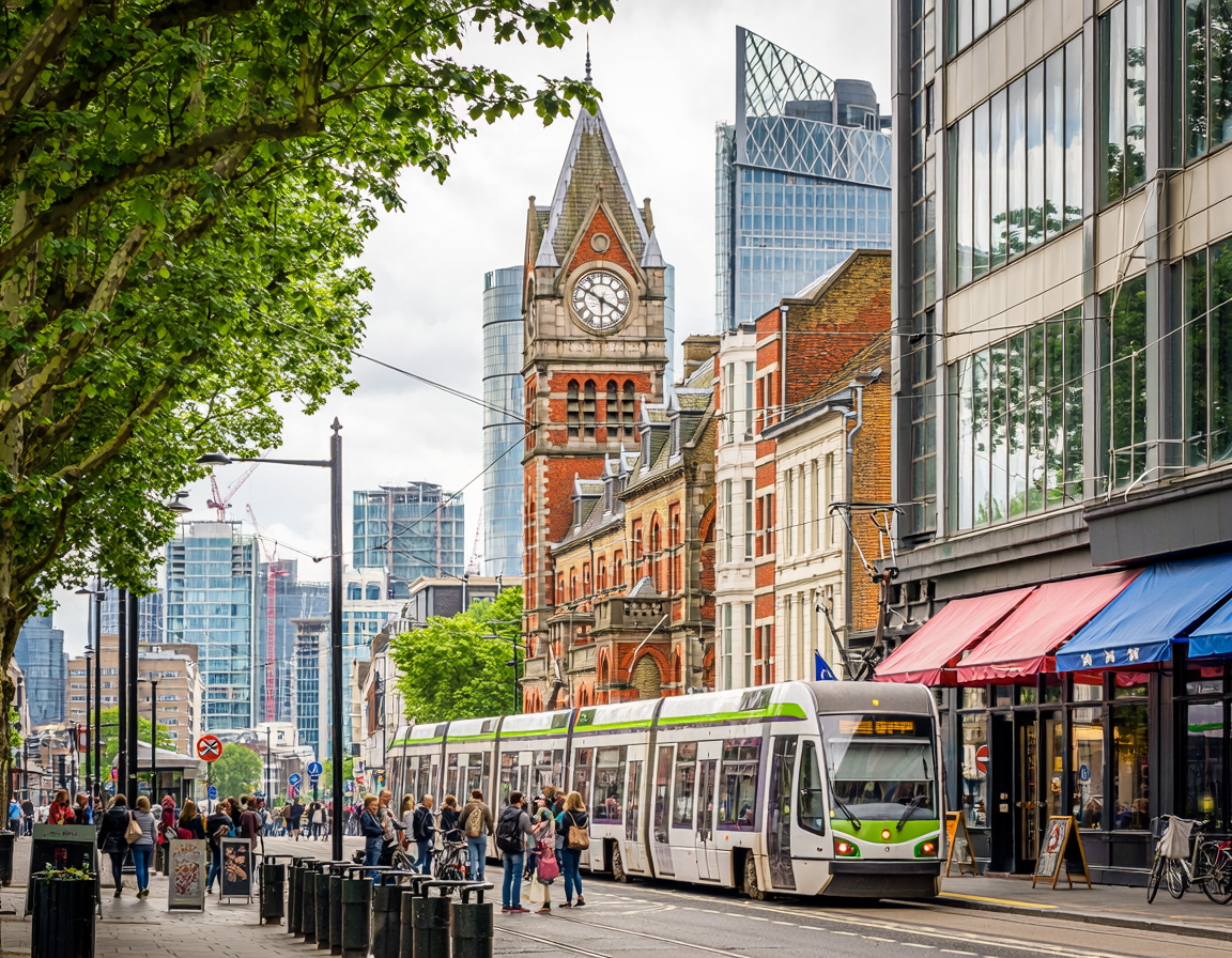 Street scene with modern tram, pedestrians, historic and modern buildings, trees, and outdoor seating.