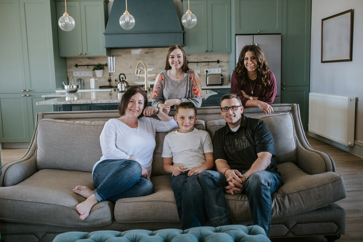 A family of five sitting on a beige sofa in a modern kitchen, with two girls standing behind and a woman, boy, and man sitting on the sofa, all smiling.