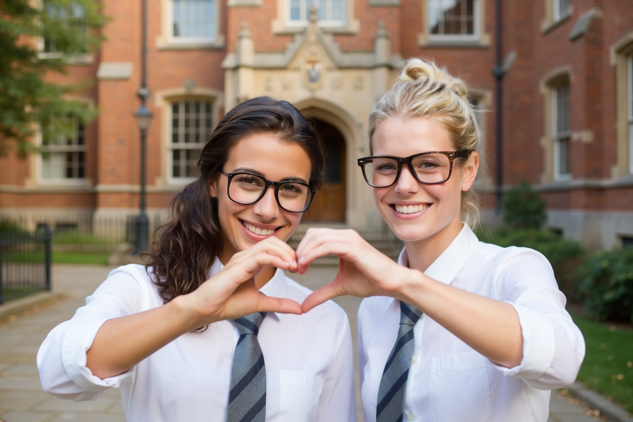 Two female students in school uniforms making a heart shape with their hands in front of a school building.