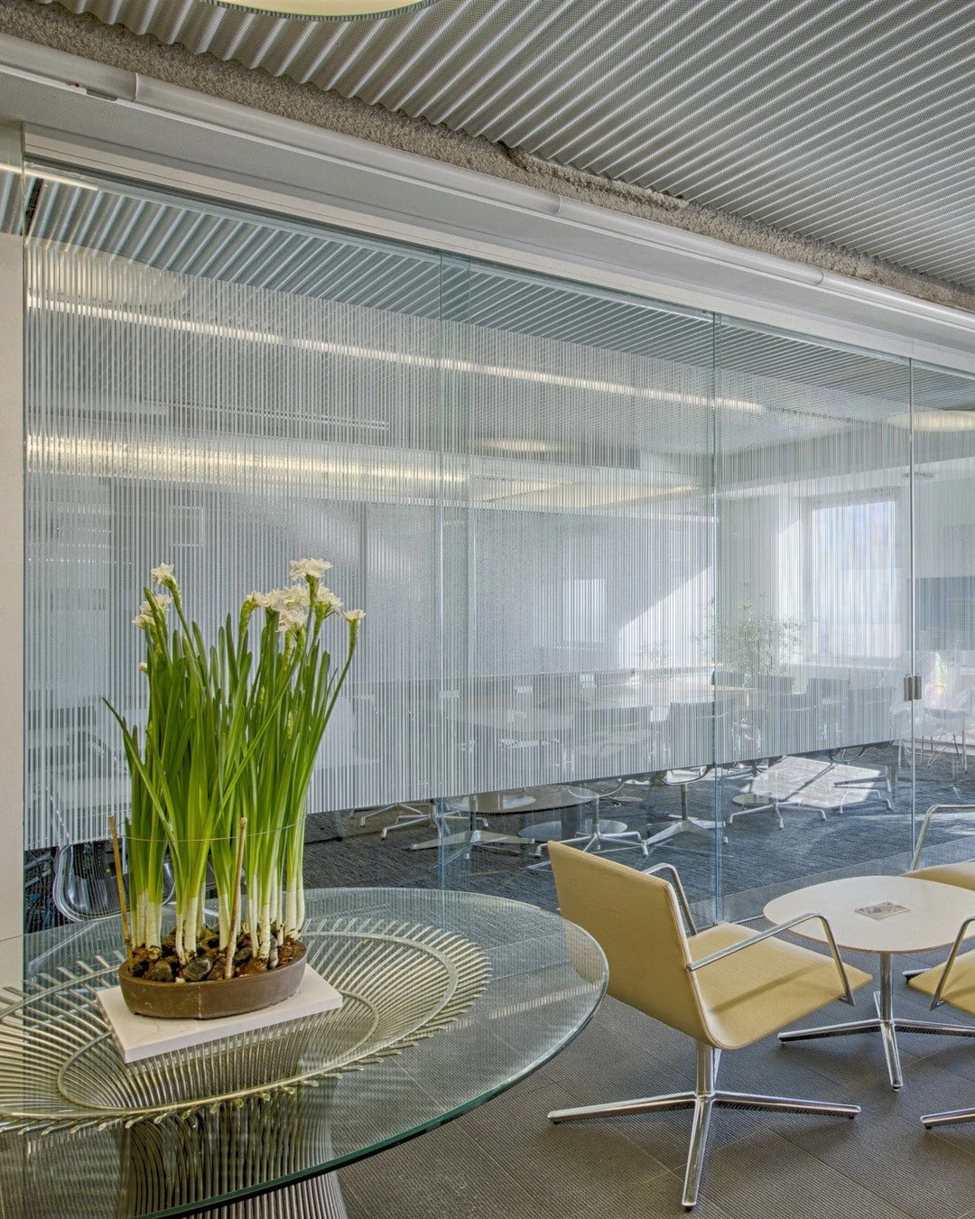 Meet Fasara Arpa, one of more than fifty patterns in the 3M Fasara range. It is a fine linear texture that gives a plain glass partition some depth without shutting out the daylight. We can cut it to your shape, layer two patterns for a texture nobod