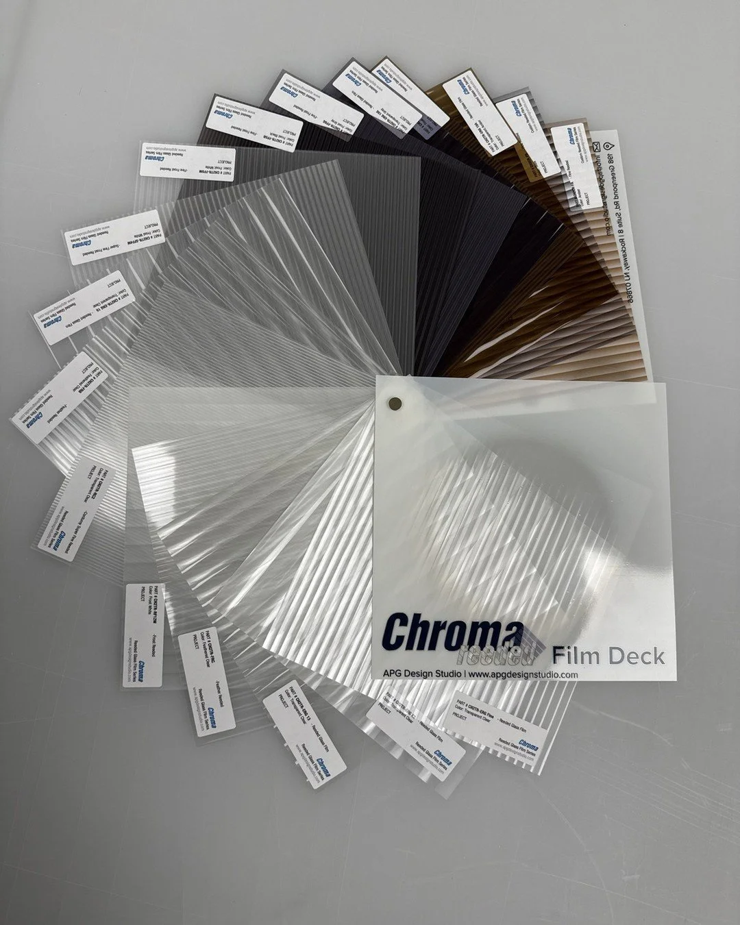 Can you get the look of reeded glass without replacing the glass? You can. Chroma Reeded Glass Films are applied to the existing glass, softening the view while still letting light through. Our Chroma Reeded Film Deck, shown here, includes 15 standar