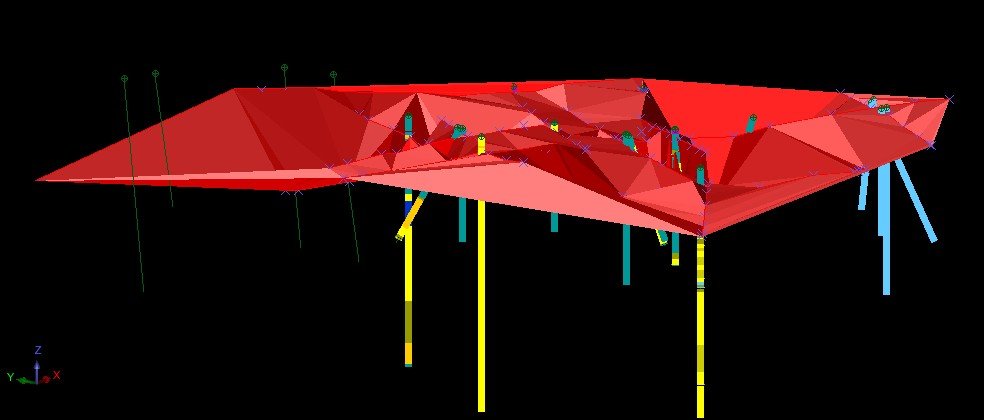 3D terrain model with colored polygons and vertical bars on a black background.