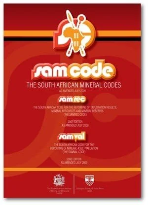 Cover page of a publication titled 'SAMCode: The South African Mineral Codes,' with a logo of a mineral and tools, and text about editions and amendments, set on a red background with black and orange stripes.