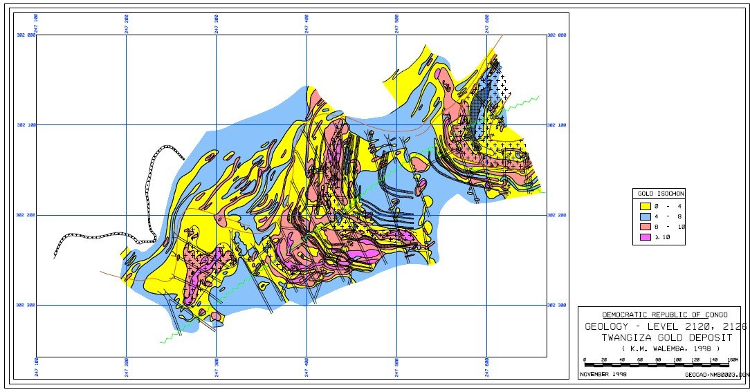 Map of mineral deposits with different color-coded regions representing gold concentrations in the Democratic Republic of Congo, showing areas with varying levels of gold. The map includes a legend, grid lines with coordinates, and a title indicating it is a geological map of a gold deposit in Twangiza, created in 1998.