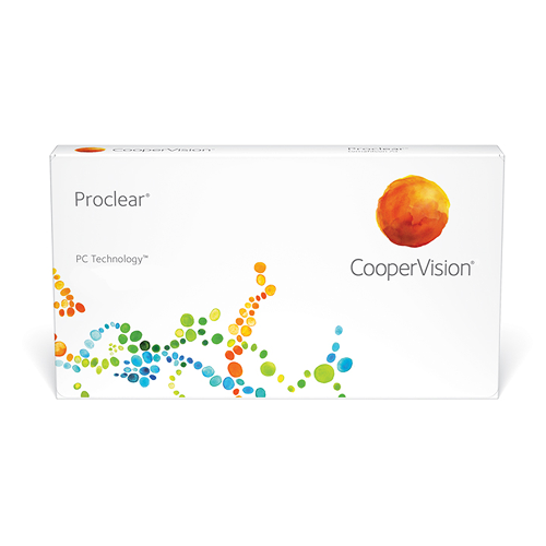 An image of CooperVision's Proclear contact lens box — a rainbow-colored decoration + the CooperVision logo on a white box against a white background.