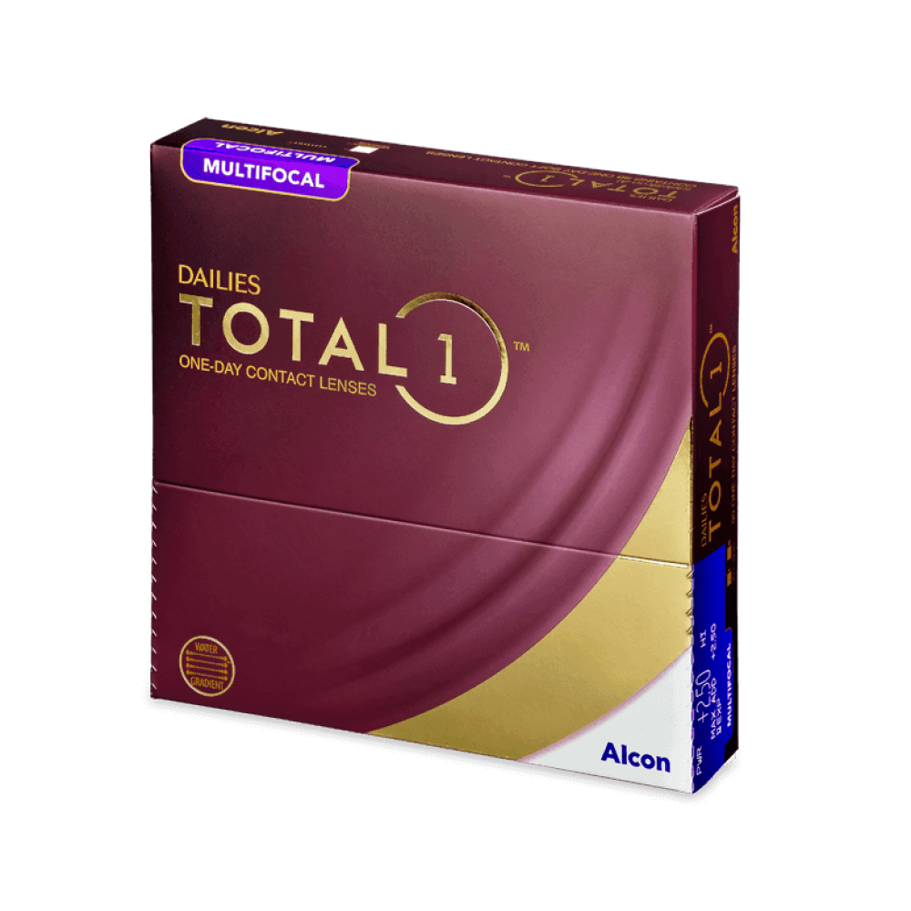 An image of Alcon brand DAILIES Total 1 One-Day Contact Lenses — a purple and gold package on a white background.
