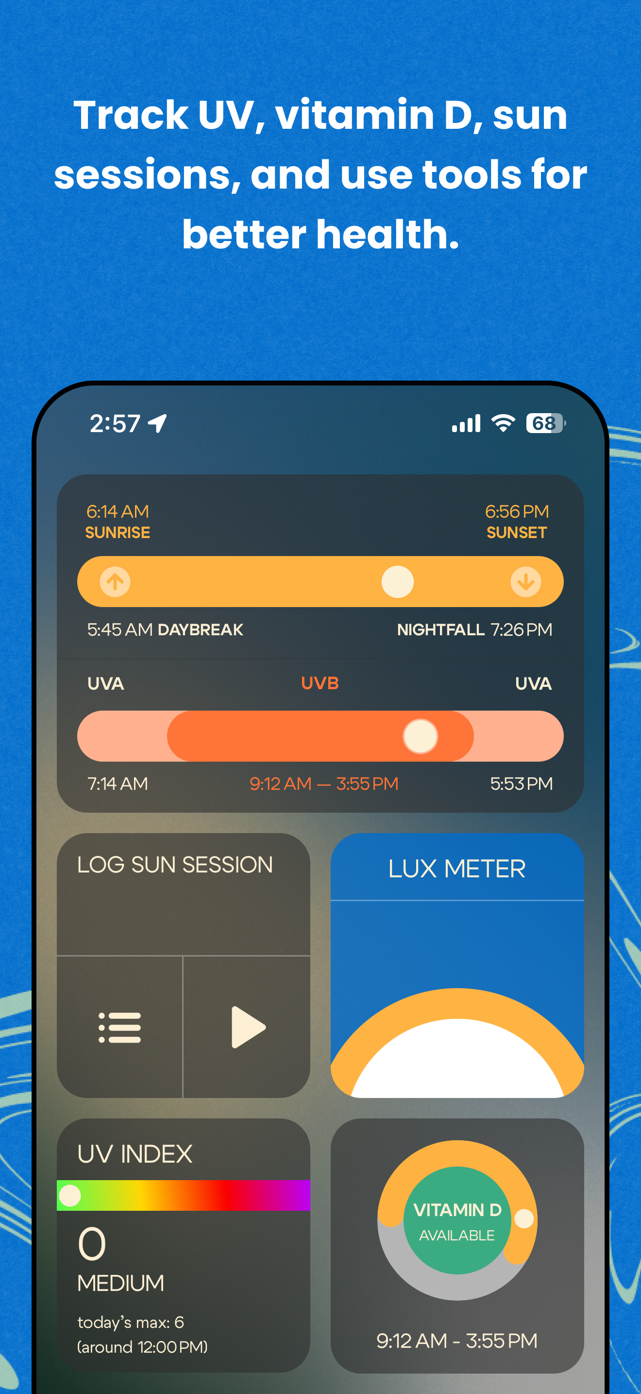A product image of the MyCircadian App, displaying the app’s home screen, where daylight sunlight timing, sun sessions, a lux meter, and more are shown.