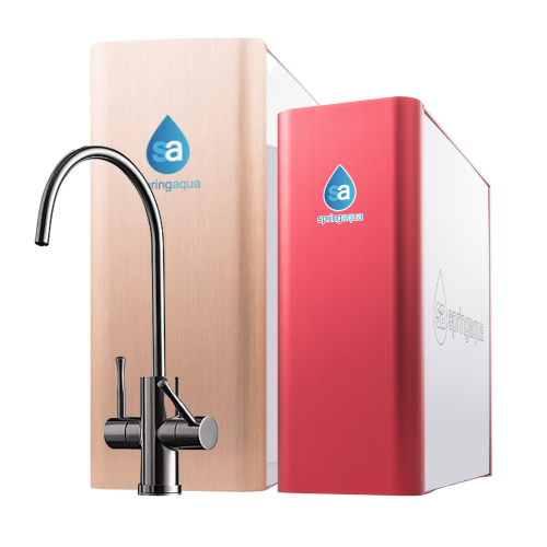 The Spring Aqua WET 7 water system — a gold box and shorter red box sit next to each other — both under-counter water systems — with a kitchen sink faucet in front. All on a white background.