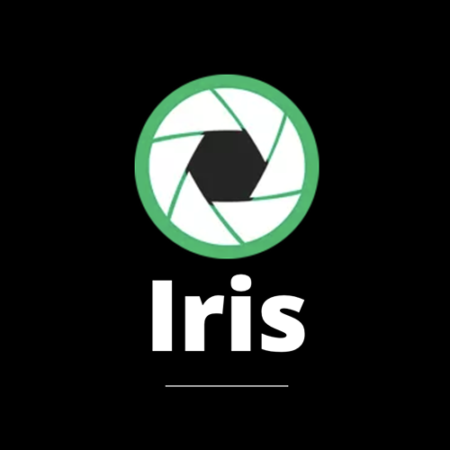 An image of the Iris Tech logo — a white camera shutter with a green outline, then the word "Iris" in white below it. A small green line below that. All on a black background.