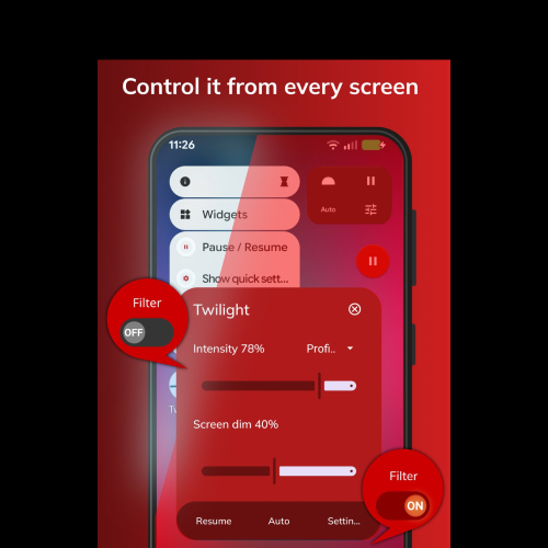 An image of the Twilight app in action on an Android phone. The image shows a diagonal ON/OFF red light across the face of the phone, demonstrating how the phone turns red when using the app. On front of a black background.