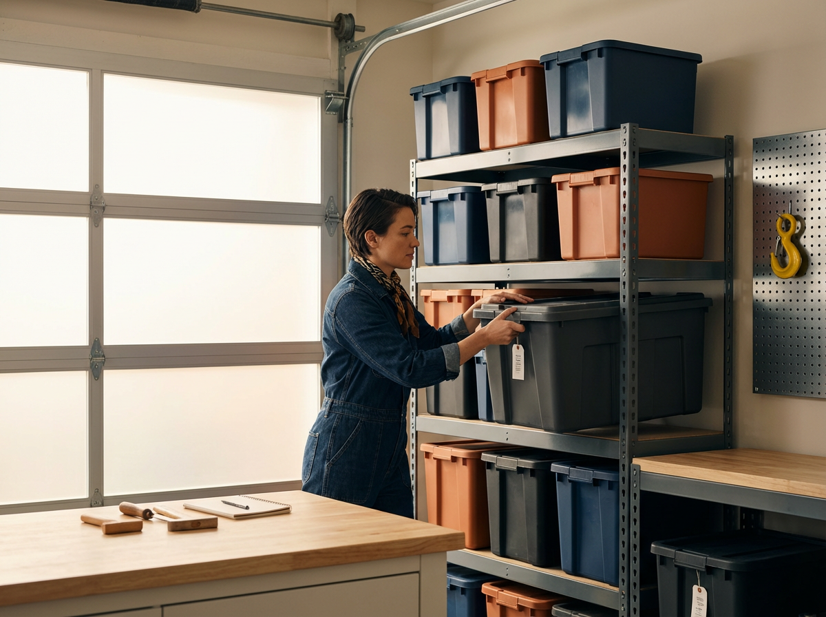 Woman organizing grey storage bins on a metal shelf in a garage or workshop.