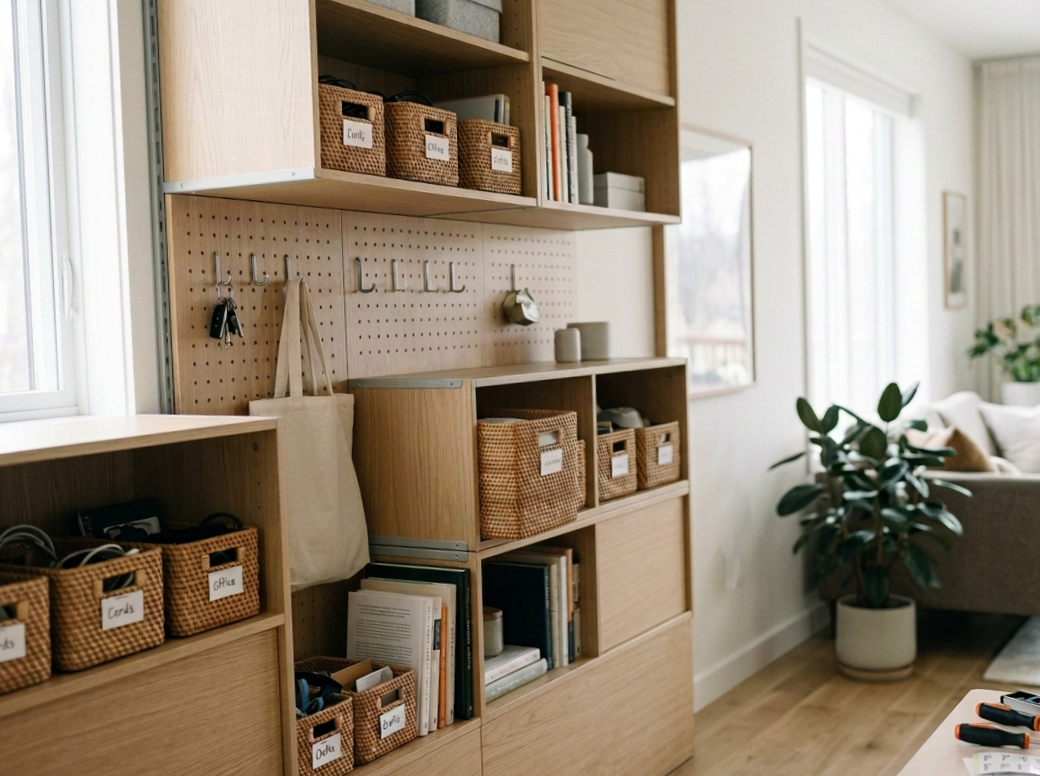 Living room with a built-in wooden bookshelf containing storage bins, books, and decorative items, next to a large window and a sofa with cushions, and a potted plant nearby.