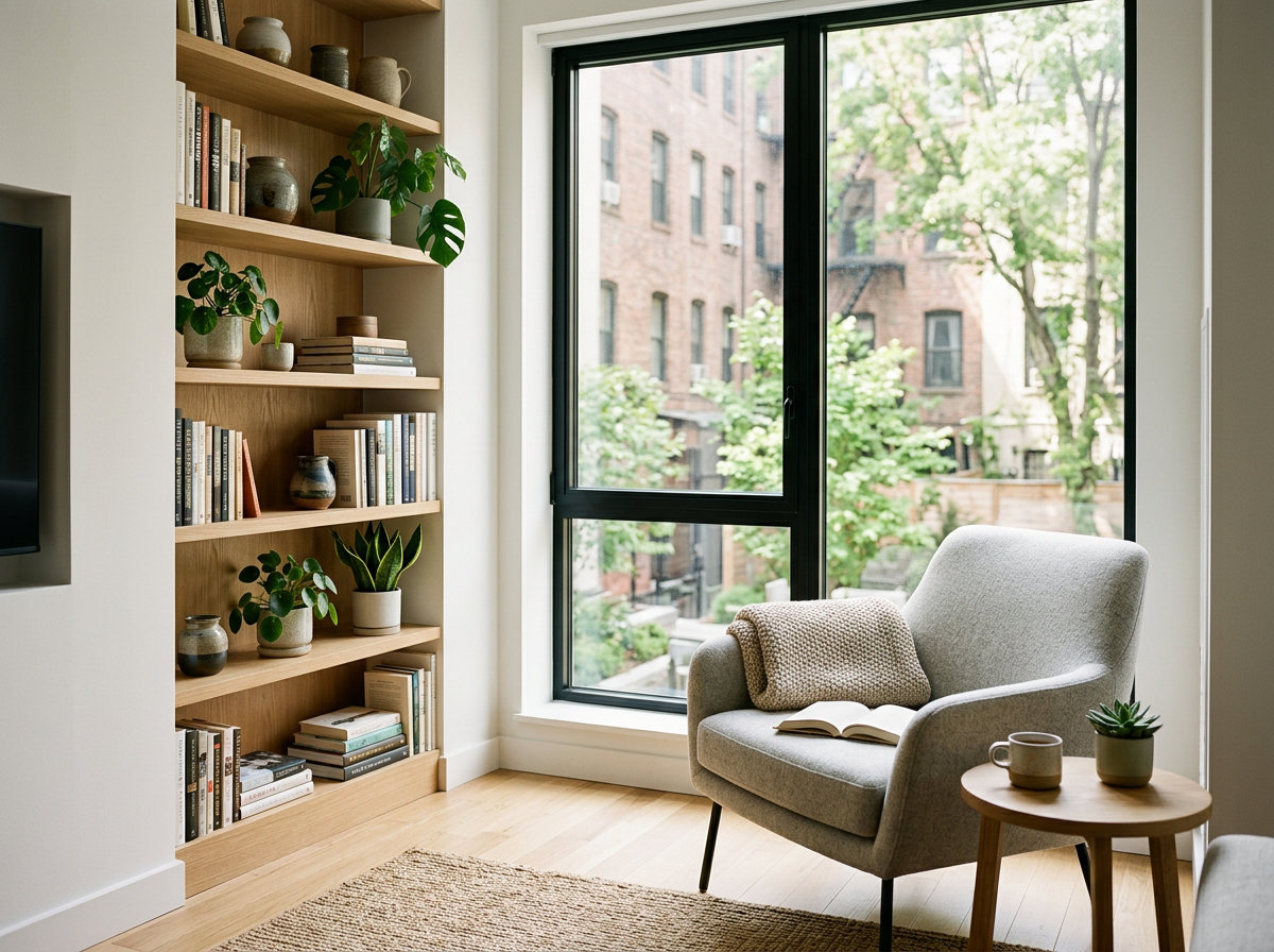 A bright living room corner with a large window showing green trees and brick buildings outside. A gray armchair with a book and blanket, and a small wooden side table holding a mug and a small potted plant. A built-in wooden bookshelf filled with books and decorative pots, and a section of tiled wall with a flat-screen TV.