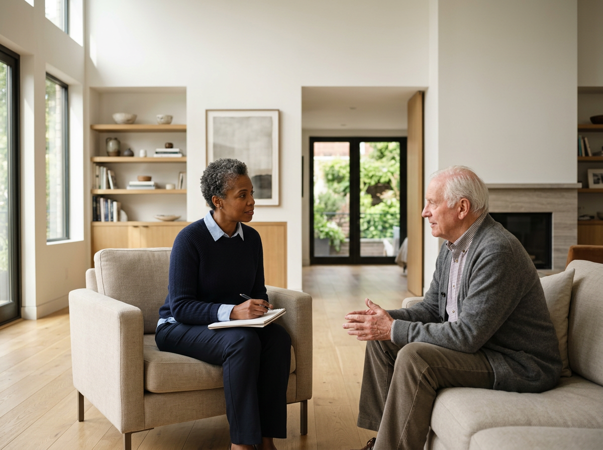 Professional meeting with an older adult at home to discuss care, resources and support needs.