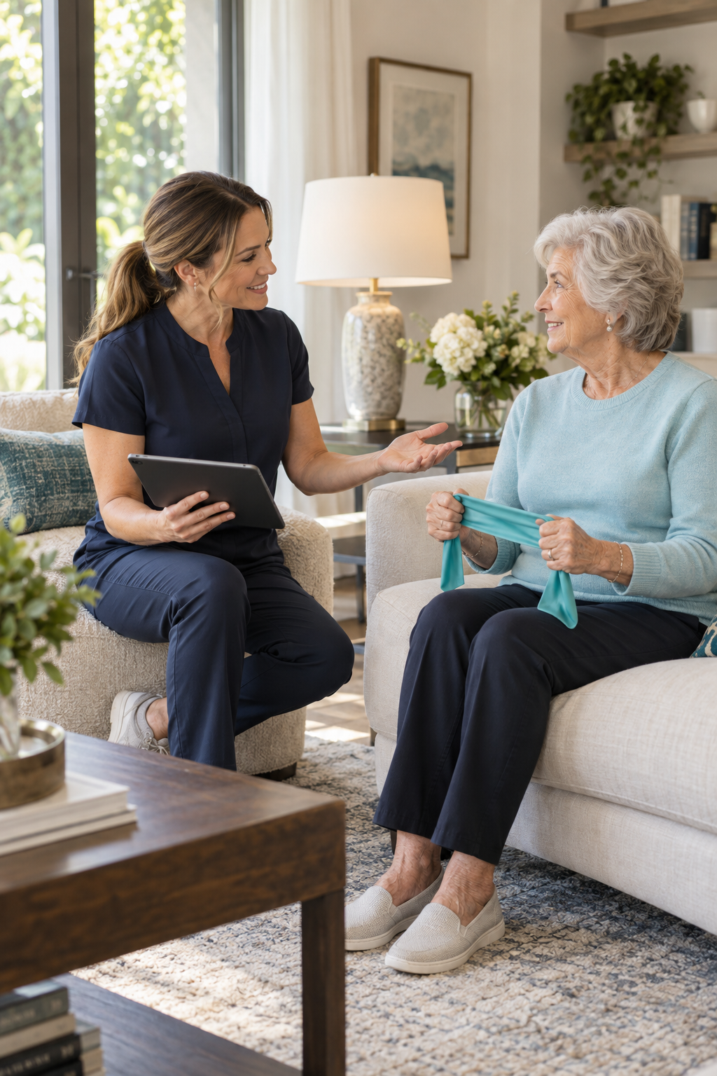 Home health therapist working with an older adult during an in-home therapy visit.