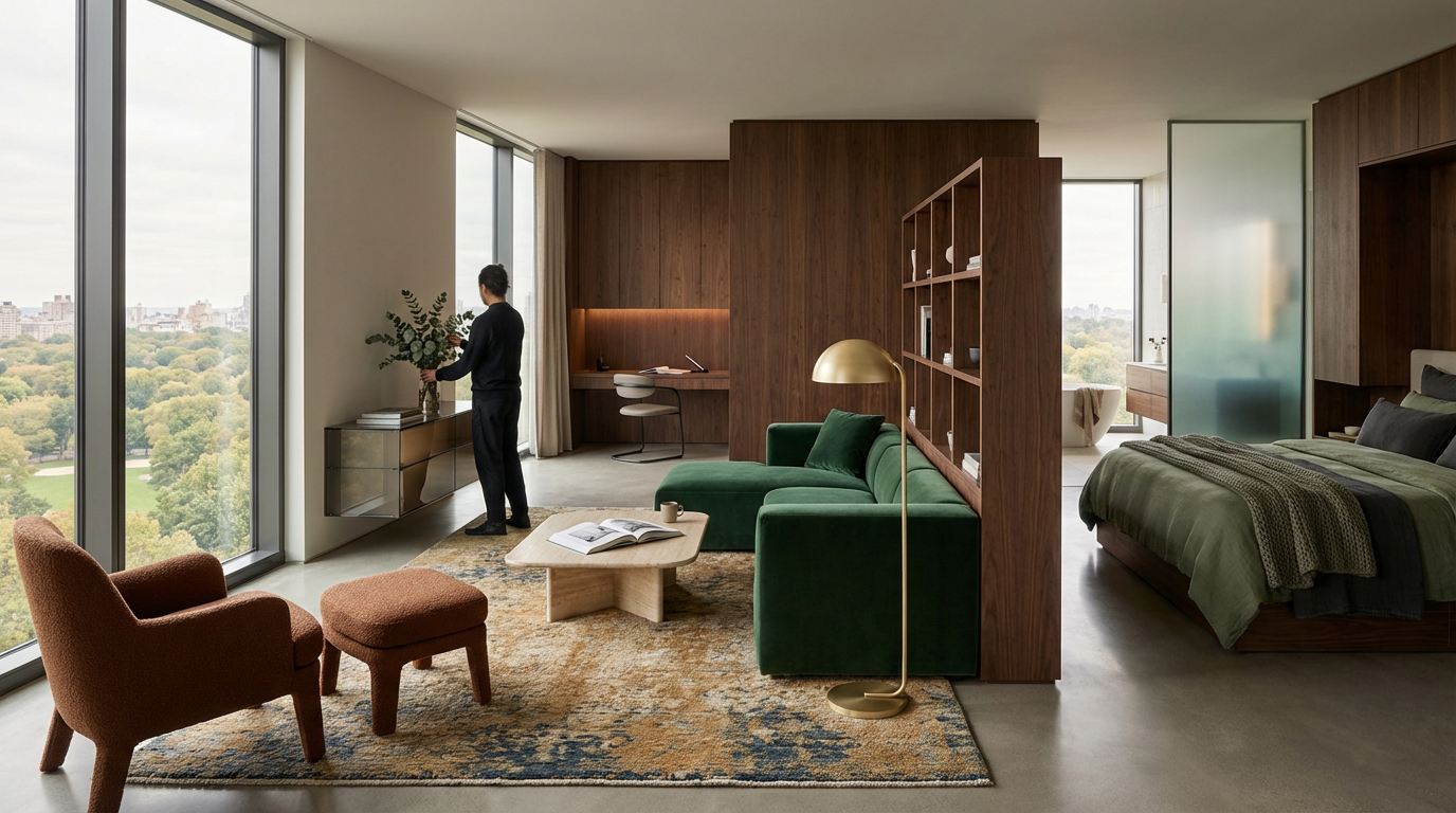 Modern, minimalistic living space with large windows, a person arranging flowers, a green sofa, a bed, and a workspace area.
