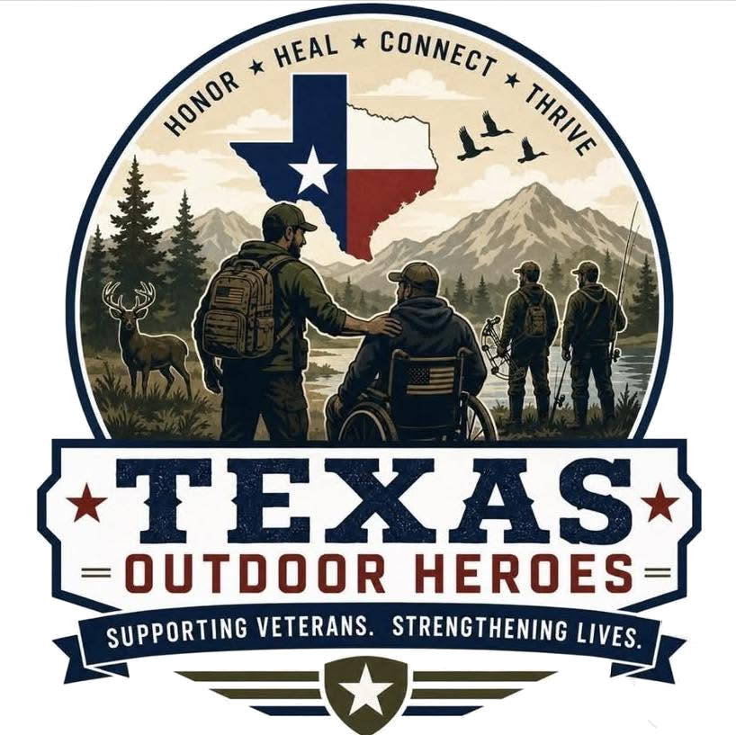 An illustration featuring four outdoorsmen, one in a wheelchair, in a mountain landscape with trees and mountains, with a Texas state map and flag above them. The text reads 'Honour, Heal, Connect, Thrive, Texas Outdoor Heroes' and 'Supporting Veterans, Strengthening Lives'.