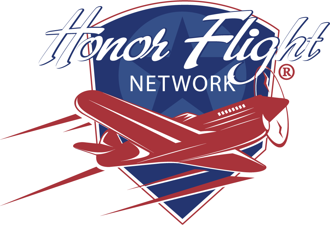Logo for Honor Flight Network featuring a red airplane in front of a blue shield with a star, and the words Honor Flight Network in stylized text.