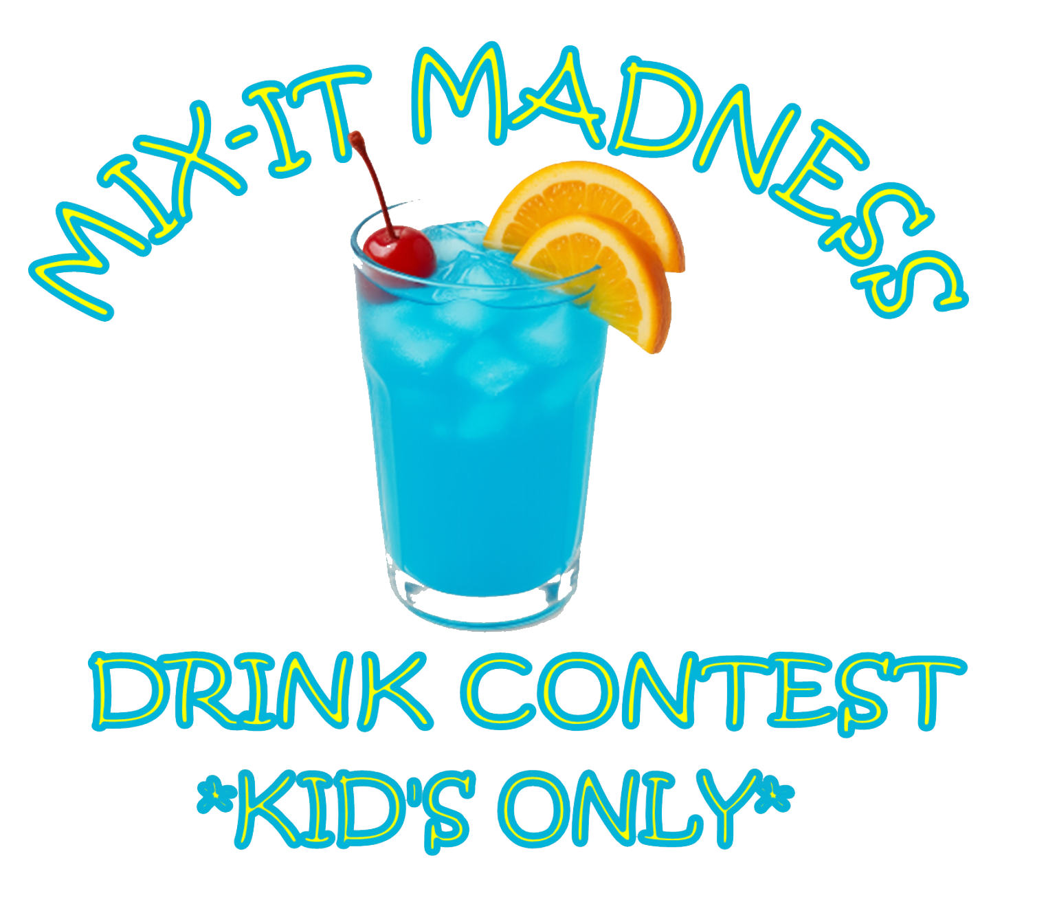 Bright blue tropical drink with orange slices and a cherry, advertising a kids' drink contest.