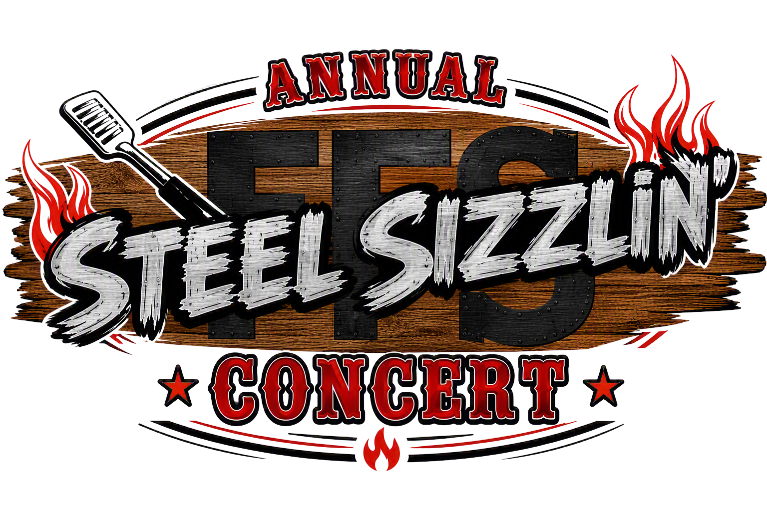 Logo for the Steel Sizzlin' Concert, featuring bold text, flames, a grill spatula, and a wood background.