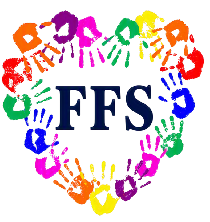 Colorful handprints forming a heart shape around the letters "FFS" on a black background.