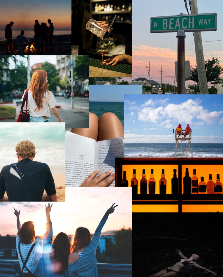 A collage of beach and nightlife scenes, including a sunset at the beach, people enjoying cocktails, a street sign for West Beach Way, individuals walking and relaxing by the water, a lifeguard on duty, people reading, a bar with liquor bottles, and a woman floating in the water.