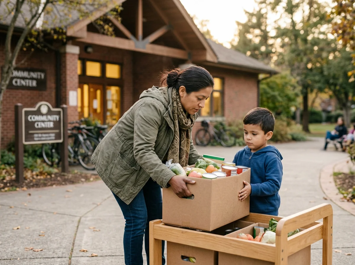 A woman and a young boy putting canned and fresh groceries into a wooden donation cart in front of a community center.