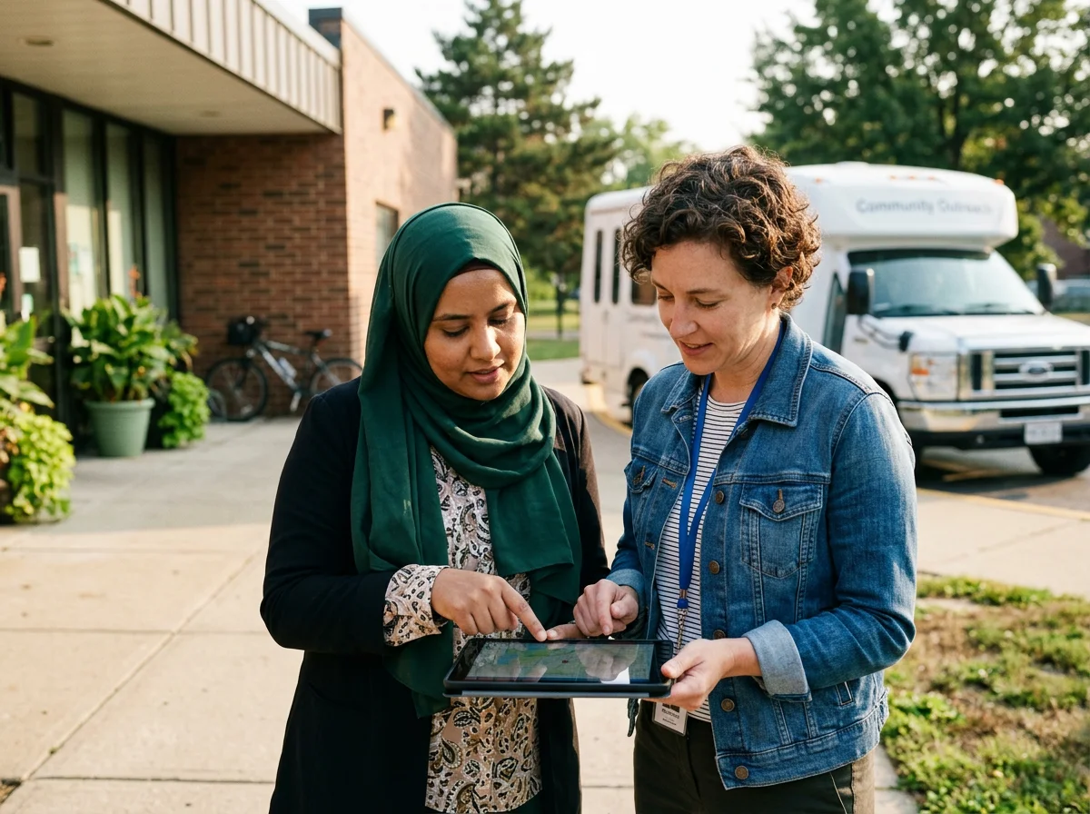 Two women are standing outside, looking at a tablet device together. One woman wears a green headscarf and a patterned shirt, while the other has short curly hair and a denim jacket. There is a community bus and some trees in the background.