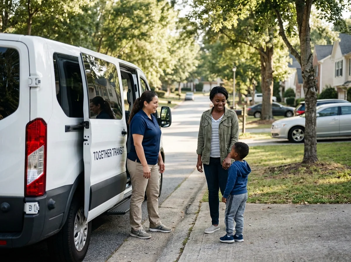 A woman in a blue polo shirt and beige pants stands beside an outreach van labeled "Together Transit" in a residential neighborhood, engaging in a conversation with a woman and a young boy on the curb, surrounded by trees and parked cars.