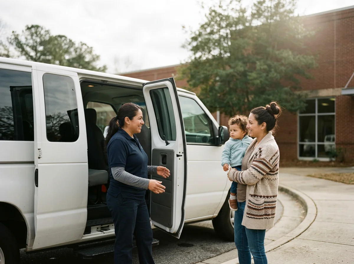 A woman holding a small child standing outside a white van, smiling and talking to a female driver near a brick building and trees.