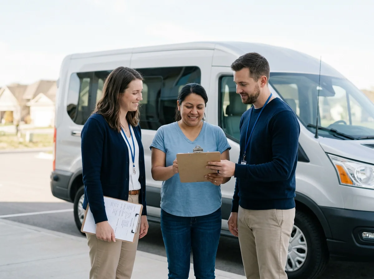 Three people, two women and one man, smiling and looking at a clipboard outside near a white van during the day.