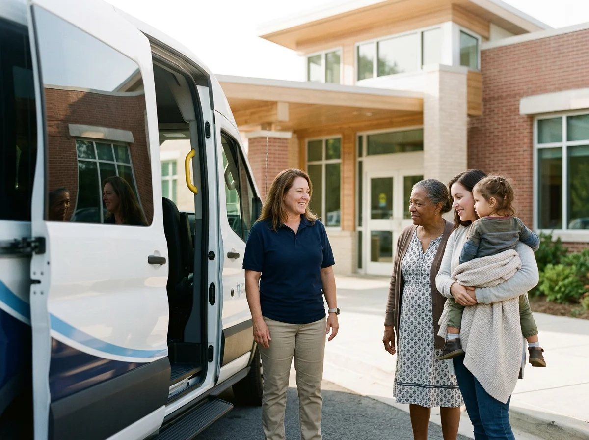 A woman in a navy shirt and beige pants talking to an elderly woman and a young woman holding a small child on a sidewalk outside a modern building, with a white van nearby.