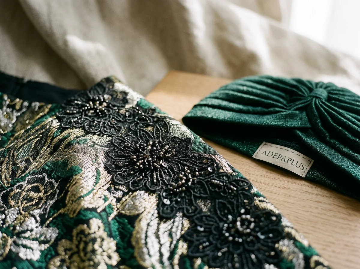 Close-up of intricately embroidered fabric with floral and leaf patterns in gold, silver, black, and green, along with a green velvet headband with a knot and a label reading 'ADEPAPIUS' on a wooden surface.