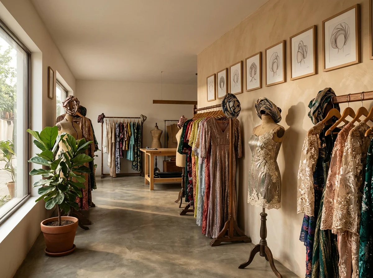 Interior of a boutique with mannequins and clothing racks filled with dresses, scarves, and accessories. Framed art hangs on the beige wall. Large window on the left lets in natural light, with a potted plant near the window.