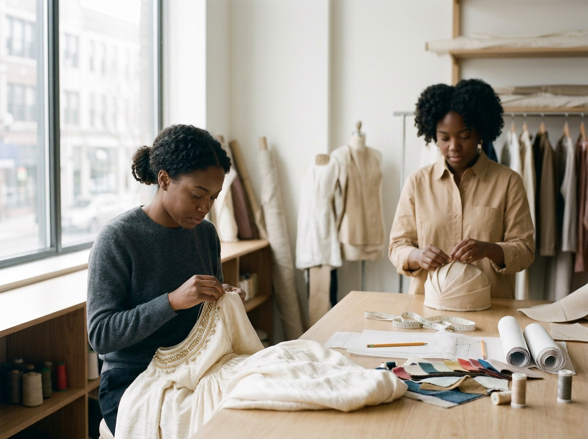 Two women working on garment design in a sewing studio, examining fabric and sewing details amid fabric rolls and design sketches.