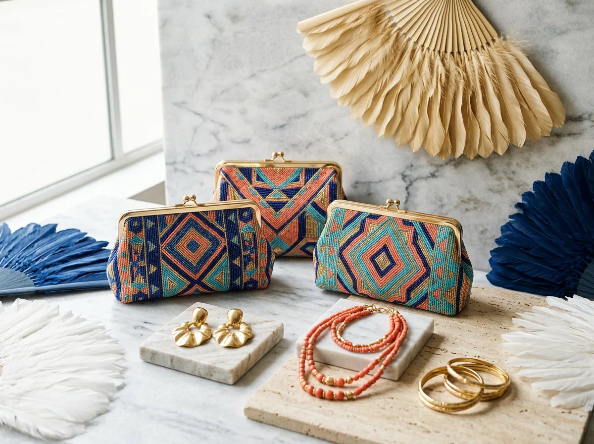 Three colorful embroidered clutch purses, statement earrings, layered necklaces, and gold bangles displayed on a marble surface, with decorative fan-shaped paper decorations in the background.