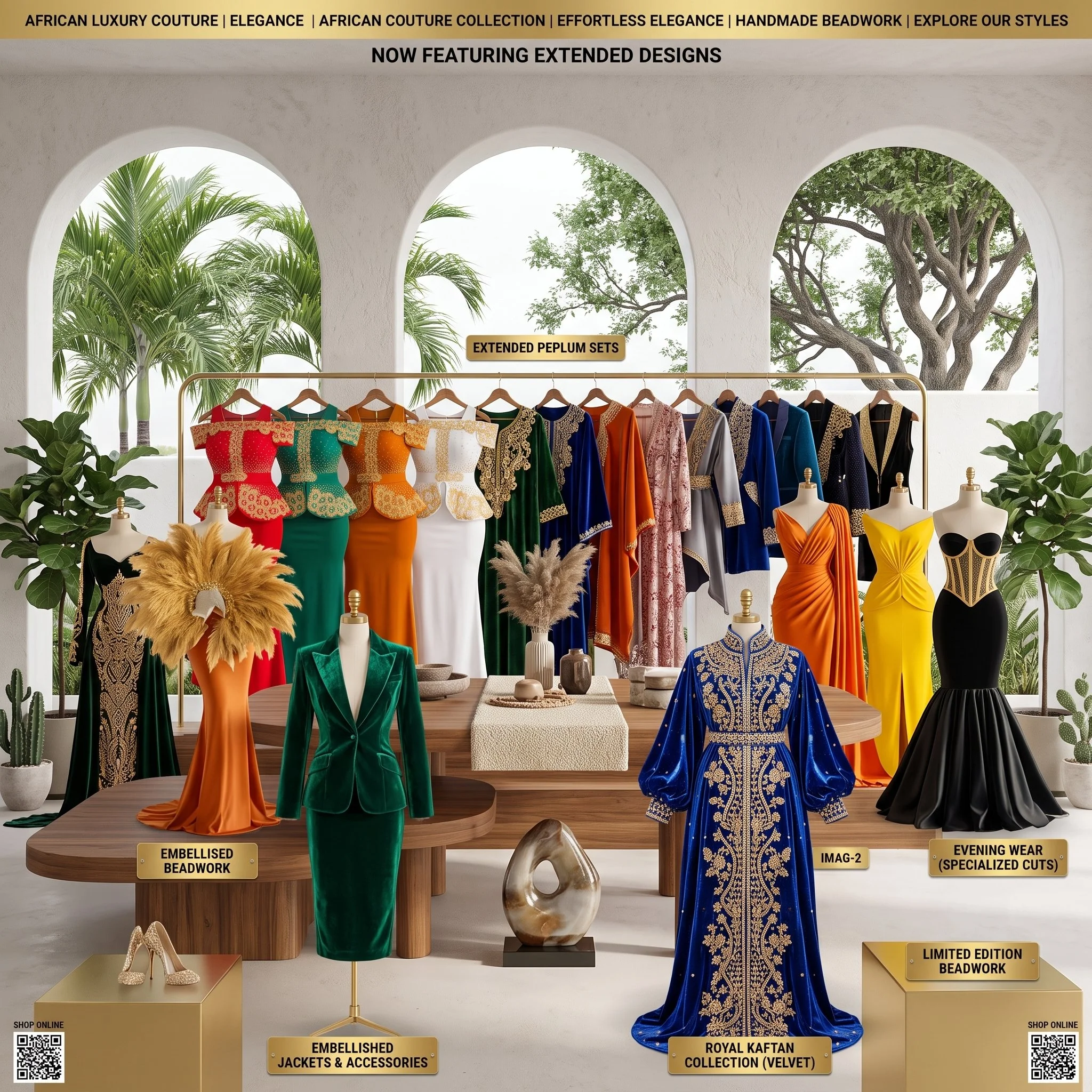 Display of colorful African couture dresses on mannequins and hangers, with plants and decorative items in the background, showcasing a collection of elegant and embellished traditional gowns and accessories.