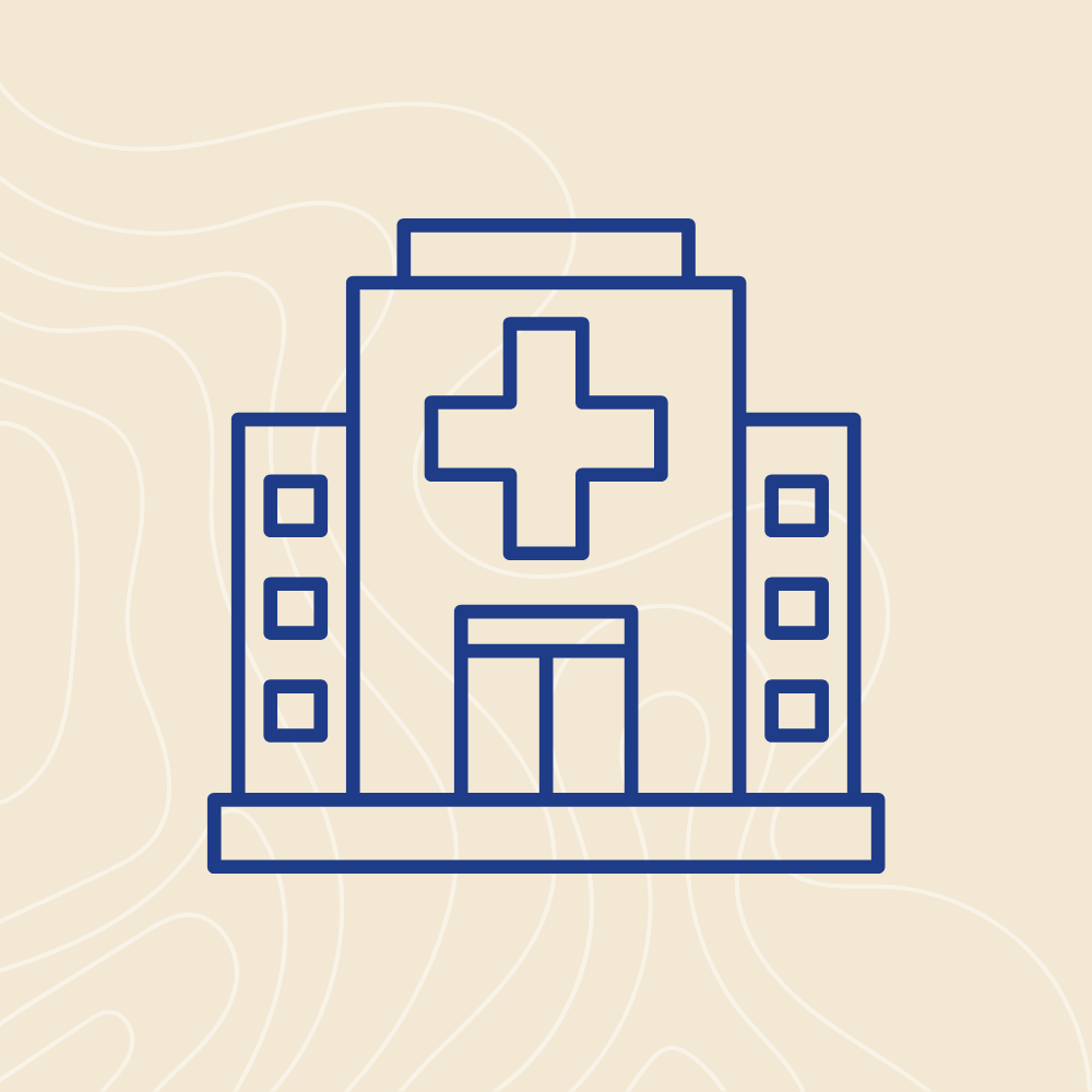 Line drawing of a hospital building with a cross symbol above the entrance.