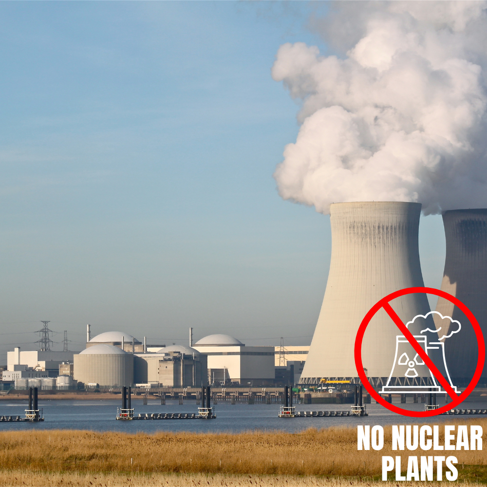 A nuclear power plant with cooling towers emitting steam. Overlayed is a symbol of a nuclear plant with a red prohibition sign and the text 'NO NUCLEAR PLANTS'.